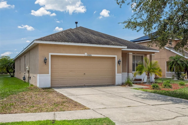 20606 Whitewood Way, Tampa, FL 33647 - ranch-style house with stucco siding, a garage, a shingled roof, and driveway