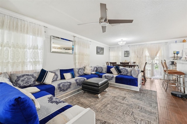 living area featuring a textured ceiling, ceiling fan, ornamental molding, and wood finished floors