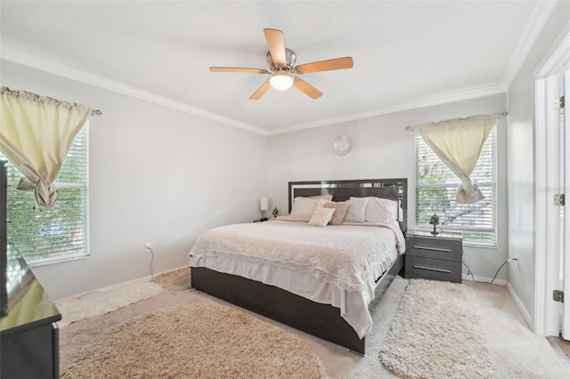 bedroom with ornamental molding, light carpet, and multiple windows