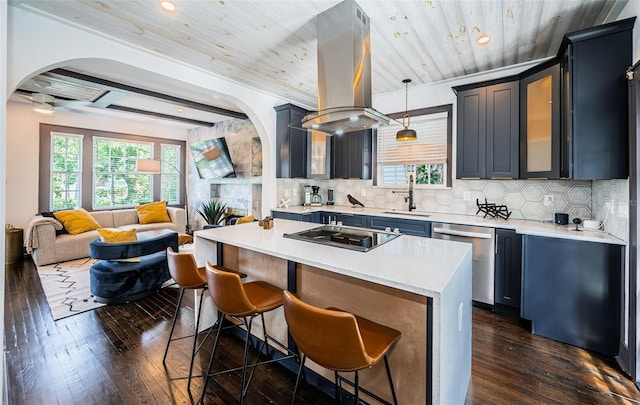 2536 Burlington Ave N, Saint Petersburg, FL 33713 - kitchen featuring island exhaust hood, arched walkways, stainless steel dishwasher, a sink, and black cooktop