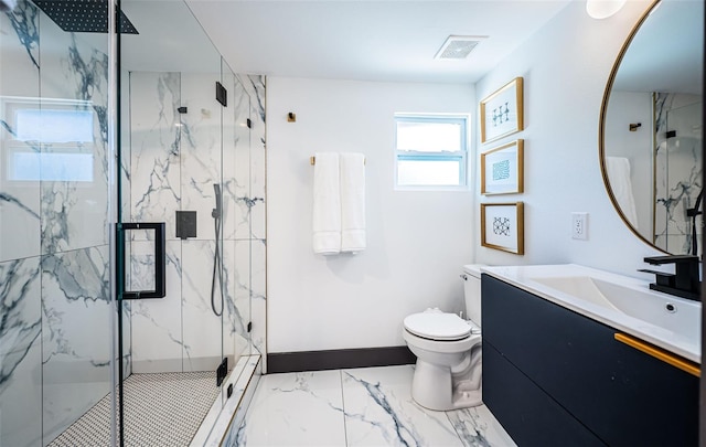 2536 Burlington Ave N, Saint Petersburg, FL 33713 - bathroom featuring vanity, toilet, a marble finish shower, marble finish floor, and visible vents