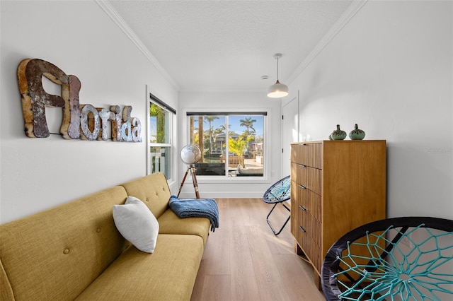 17730 Long Point Dr, Redington Shores, FL 33708 - living area featuring light wood-type flooring, a textured ceiling, and crown molding