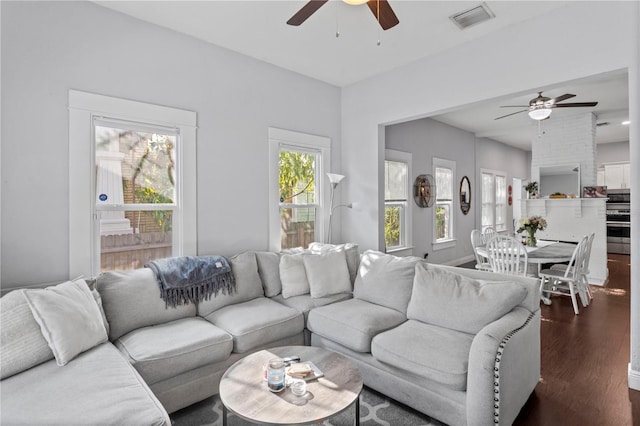 living area featuring visible vents, a ceiling fan, and dark wood-type flooring