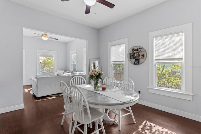 dining area featuring baseboards, wood finished floors, and a ceiling fan