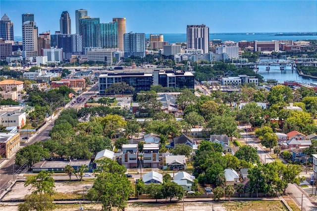aerial view with a view of city and a water view