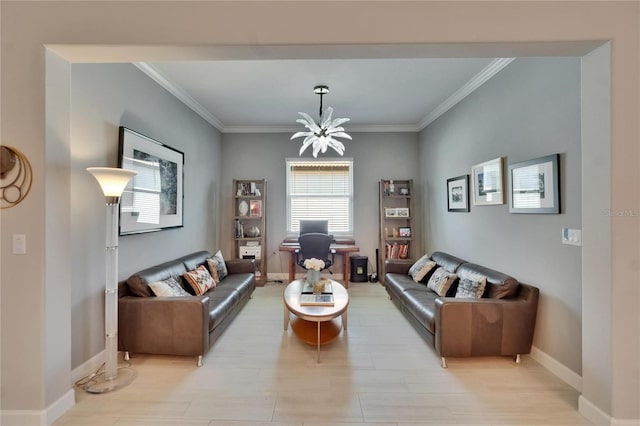 17583 Holly Well Ave, Wimauma, FL 33598 - living room with light wood-style flooring, baseboards, a notable chandelier, and ornamental molding