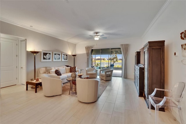 17583 Holly Well Ave, Wimauma, FL 33598 - living area featuring a ceiling fan and crown molding