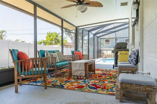 225 Cevera Dr, Dunedin, FL 34698 - sunroom / solarium featuring outdoor lounge area, visible vents, and ceiling fan