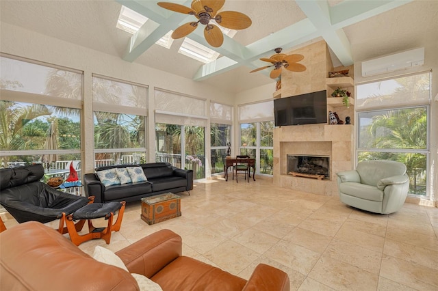 2613 59th St S, Gulfport, FL 33707 - sunroom with a skylight, beamed ceiling, and an AC wall unit