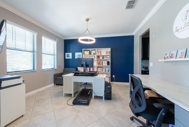 13639 Ashlar Slate Pl, Riverview, FL 33579 - home office featuring ornamental molding, light tile patterned flooring, and baseboards
