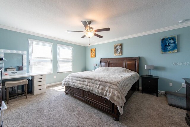 13639 Ashlar Slate Pl, Riverview, FL 33579 - carpeted bedroom with ornamental molding, baseboards, a desk, a ceiling fan, and a textured ceiling