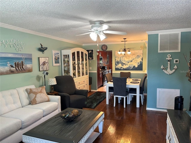 6190 80th St N Unit 204, Saint Petersburg, FL 33709 - living room featuring ornamental molding, a ceiling fan, wood finished floors, a chandelier, and a textured ceiling