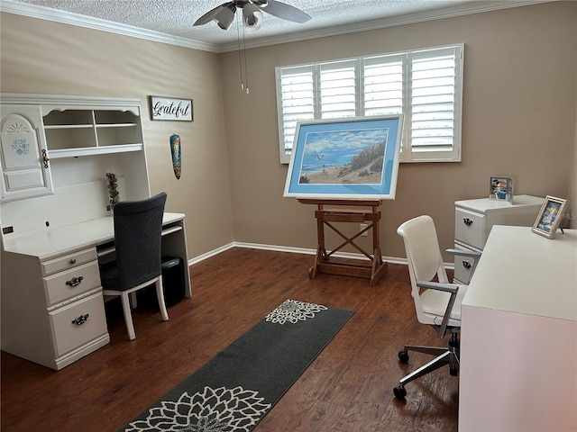 6190 80th St N Unit 204, Saint Petersburg, FL 33709 - office area with ceiling fan, ornamental molding, a textured ceiling, and dark wood-style floors