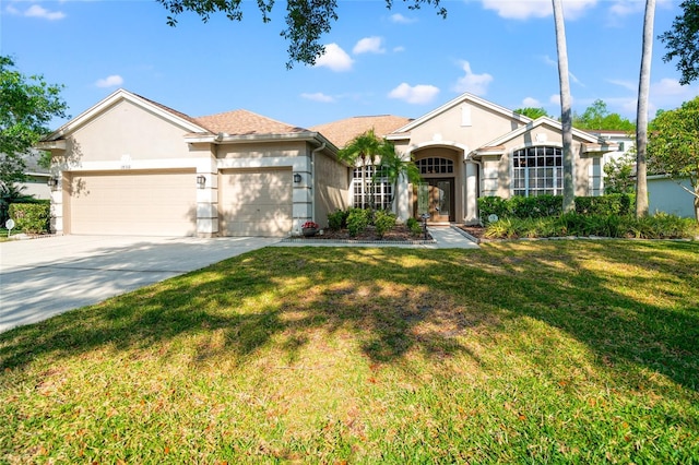 ranch-style home featuring a garage, stucco siding, a front yard, and concrete driveway