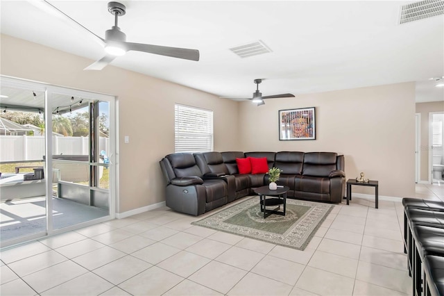 5519 Homewood Dr, Sarasota, FL 34232 - living area featuring ceiling fan, baseboards, visible vents, and light tile patterned floors