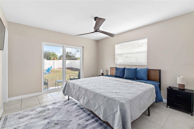5519 Homewood Dr, Sarasota, FL 34232 - bedroom featuring baseboards, access to outside, light tile patterned flooring, and a ceiling fan