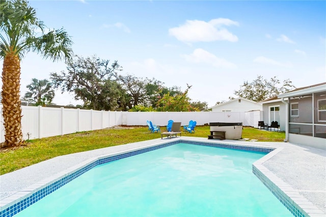5519 Homewood Dr, Sarasota, FL 34232 - view of pool with a yard, a fenced backyard, a hot tub, and a patio area