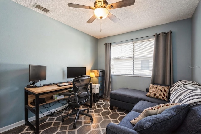 1821 Bough Ave Unit 4, Clearwater, FL 33760 - home office featuring a textured ceiling, a ceiling fan, and dark colored carpet
