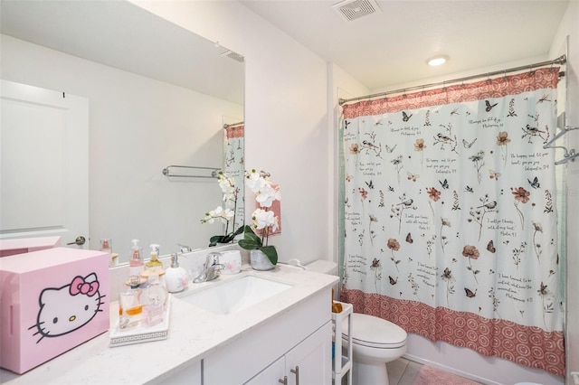bathroom with tile patterned floors, vanity, toilet, visible vents, and shower / bath combination with curtain