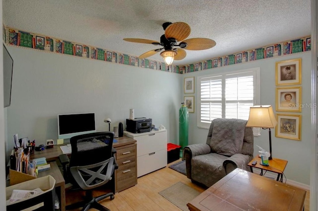 10833 96th St N, Largo, FL 33773 - home office featuring a textured ceiling, light wood finished floors, and a ceiling fan