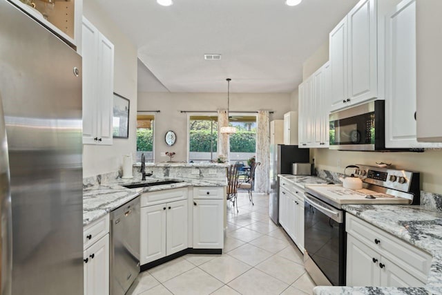 kitchen featuring a sink, stainless steel appliances, a peninsula, white cabinetry, and visible vents