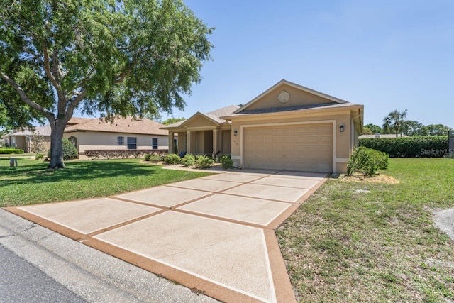 single story home featuring concrete driveway, stucco siding, a front yard, and a garage