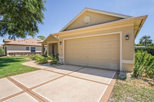 ranch-style house with stucco siding and a front yard