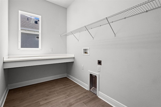 15329 Renaissance Ave, Odessa, FL 33556 - clothes washing area featuring laundry area, baseboards, hookup for a washing machine, electric dryer hookup, and dark wood-type flooring