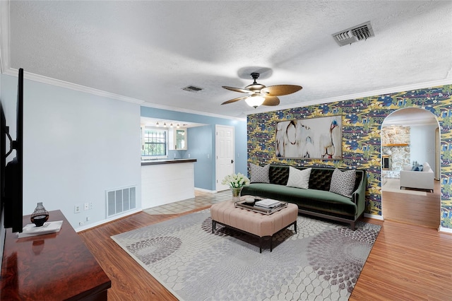 living room featuring a ceiling fan, visible vents, and arched walkways