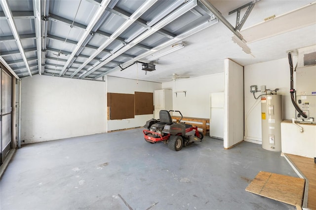 garage featuring a garage door opener, heating unit, electric water heater, and freestanding refrigerator