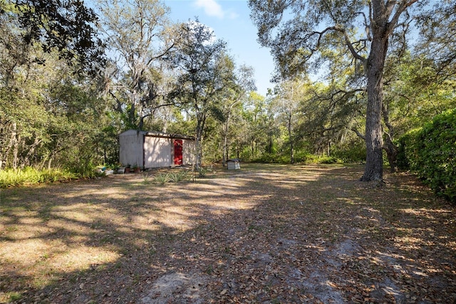 view of yard with a forest view, an outdoor structure, and a storage unit