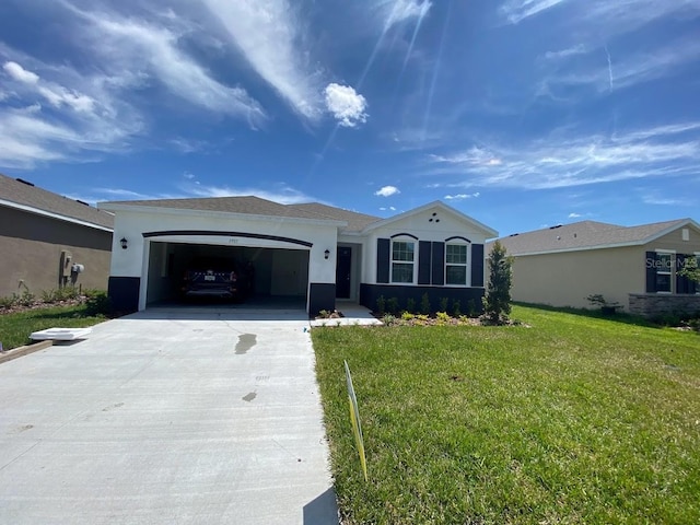 7937 Wheat Stone Dr, Zephyrhills, FL 33540 - ranch-style home featuring concrete driveway, an attached garage, a front lawn, and stucco siding