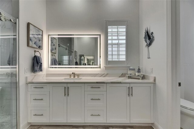 full bathroom with toilet, vanity, and a stall shower