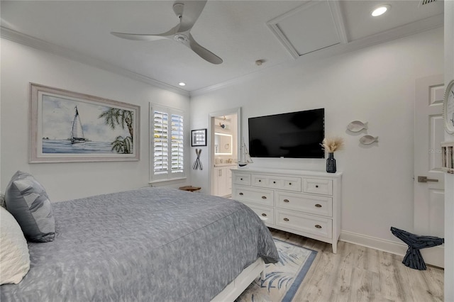 bedroom with connected bathroom, ceiling fan, light wood-style flooring, baseboards, and ornamental molding
