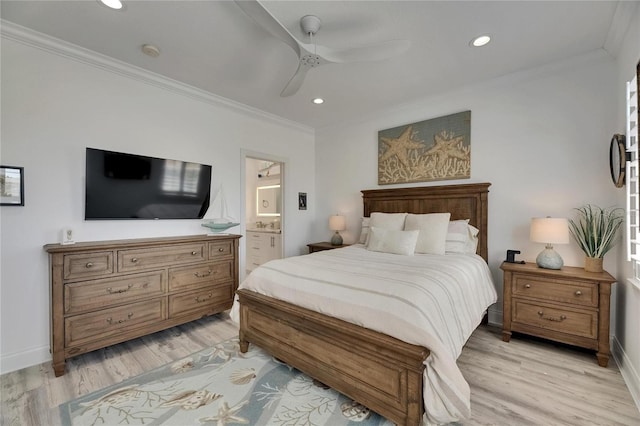 bedroom featuring crown molding, light wood-style floors, and recessed lighting