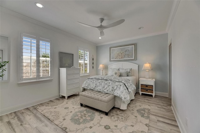 bedroom with recessed lighting, wood finished floors, crown molding, baseboards, and ceiling fan