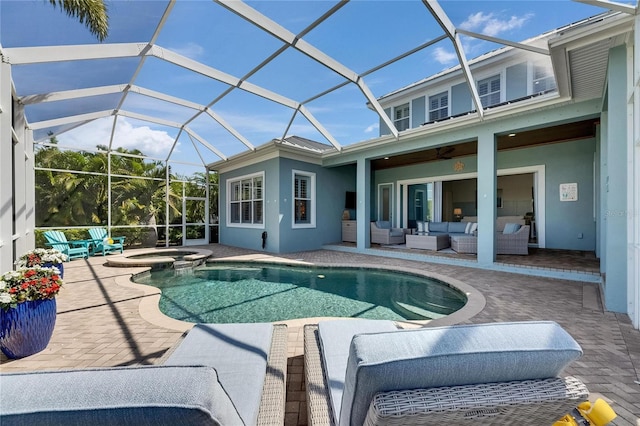 view of swimming pool featuring glass enclosure, outdoor lounge area, a patio area, and a pool with connected hot tub