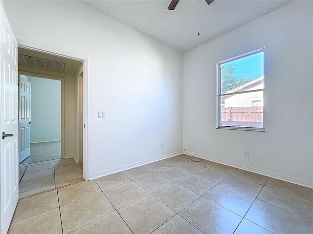 11535 Wellman Dr, Riverview, FL 33578 - unfurnished room featuring visible vents, baseboards, ceiling fan, and light tile patterned floors
