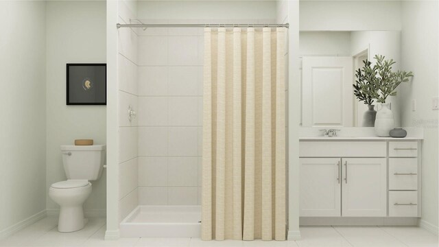 5026 Barnet Dr, Davenport, FL 33837 - full bath with tile patterned floors, toilet, vanity, baseboards, and a stall shower