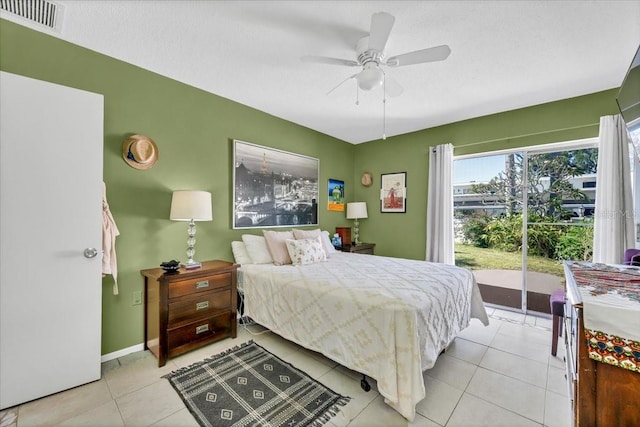 bedroom with a ceiling fan, light tile patterned flooring, baseboards, access to exterior, and visible vents