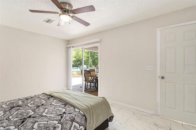 bedroom featuring marble finish floor, visible vents, a textured ceiling, access to outside, and ceiling fan