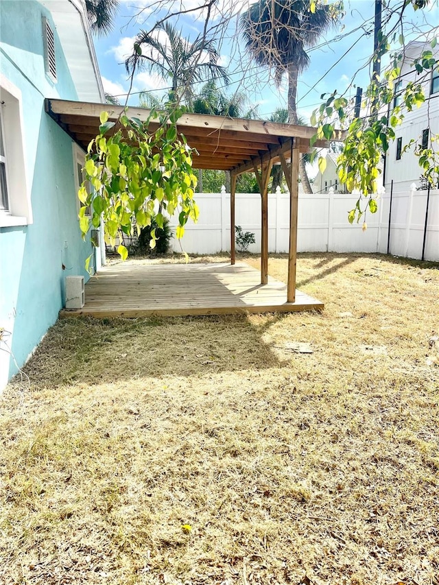 view of yard featuring a wooden deck and a fenced backyard