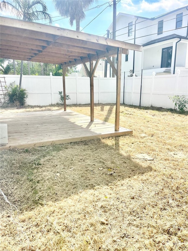 view of yard featuring a fenced backyard and a deck