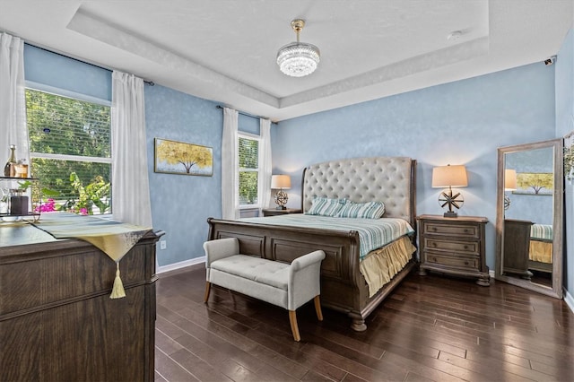10514 Scenic Hollow Dr, Riverview, FL 33578 - bedroom featuring a tray ceiling, dark wood-style flooring, and baseboards