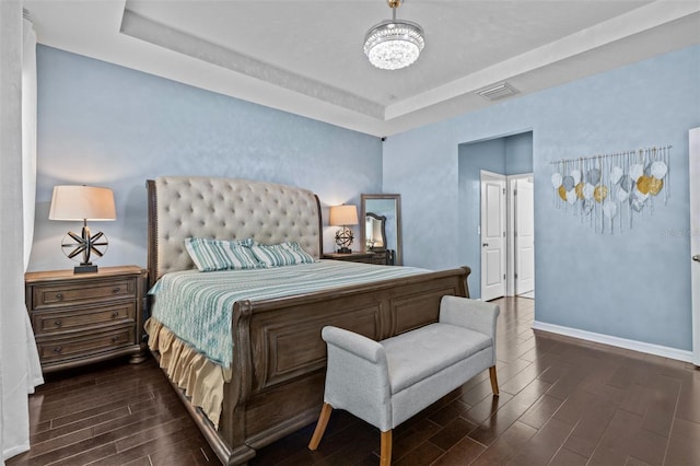 10514 Scenic Hollow Dr, Riverview, FL 33578 - bedroom featuring a raised ceiling, wood tiled floors, a chandelier, and baseboards
