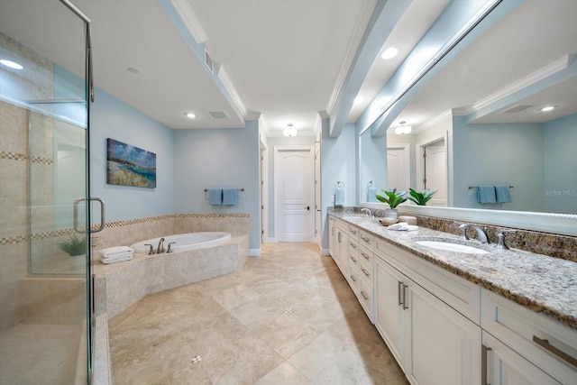 202 Windward Psge Unit 304, Clearwater Beach, FL 33767 - bathroom with ornamental molding, a bath, double vanity, and a stall shower