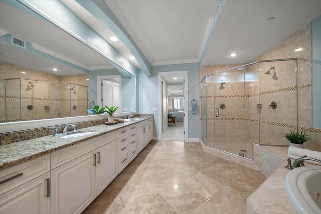 202 Windward Psge Unit 304, Clearwater Beach, FL 33767 - ensuite bathroom featuring a garden tub, double vanity, a stall shower, crown molding, and recessed lighting