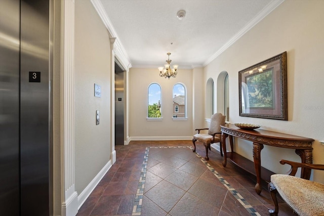 202 Windward Psge Unit 304, Clearwater Beach, FL 33767 - entrance foyer featuring elevator, ornamental molding, inlaid floor details, a chandelier, and arched walkways