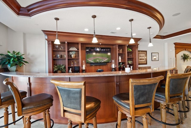 202 Windward Psge Unit 304, Clearwater Beach, FL 33767 - indoor wet bar with hanging light fixtures and crown molding