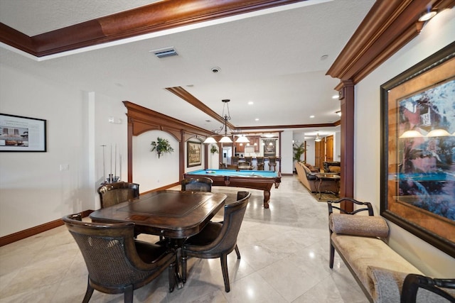 202 Windward Psge Unit 304, Clearwater Beach, FL 33767 - rec room featuring ornamental molding, billiards, a raised ceiling, and light tile patterned floors